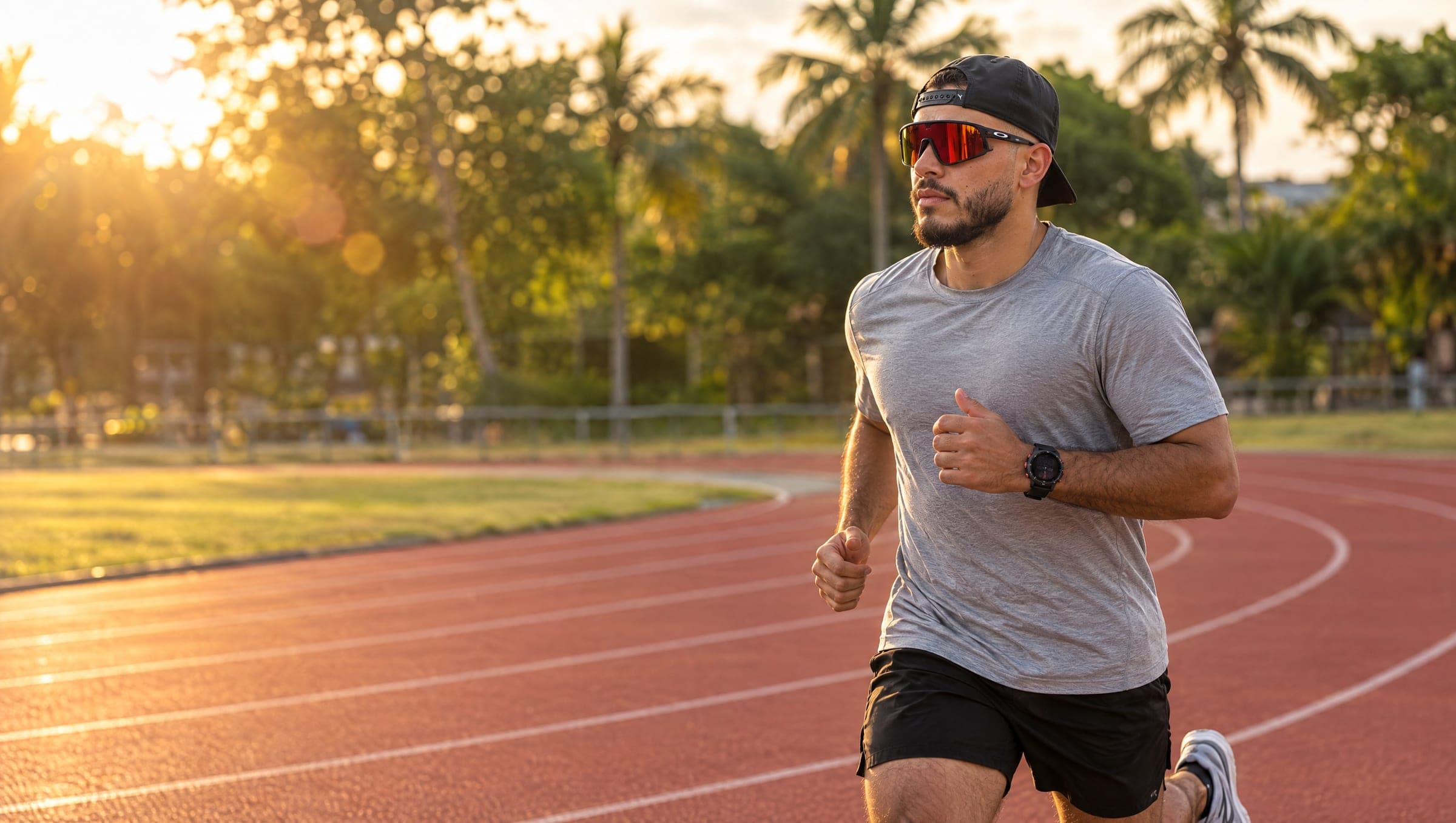 Andro trotando en una pista de atletismo con reloj inteligente y gafas deportivas